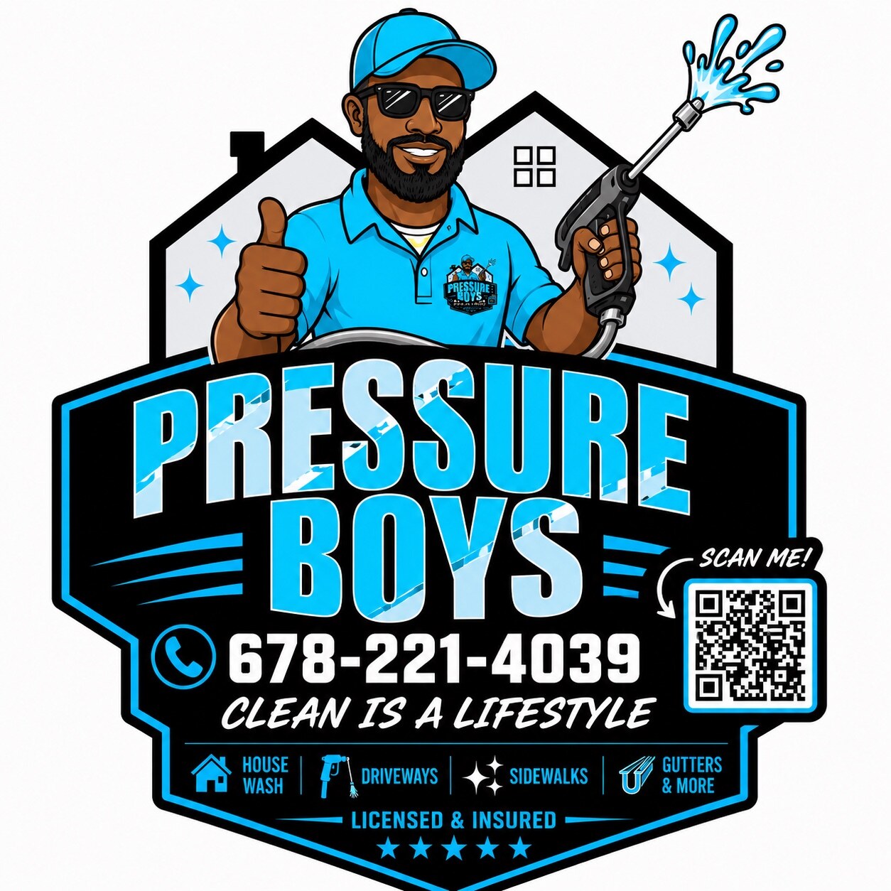 Pressure Boys USA logo with scannable QR code and phone number 678-221-4039
